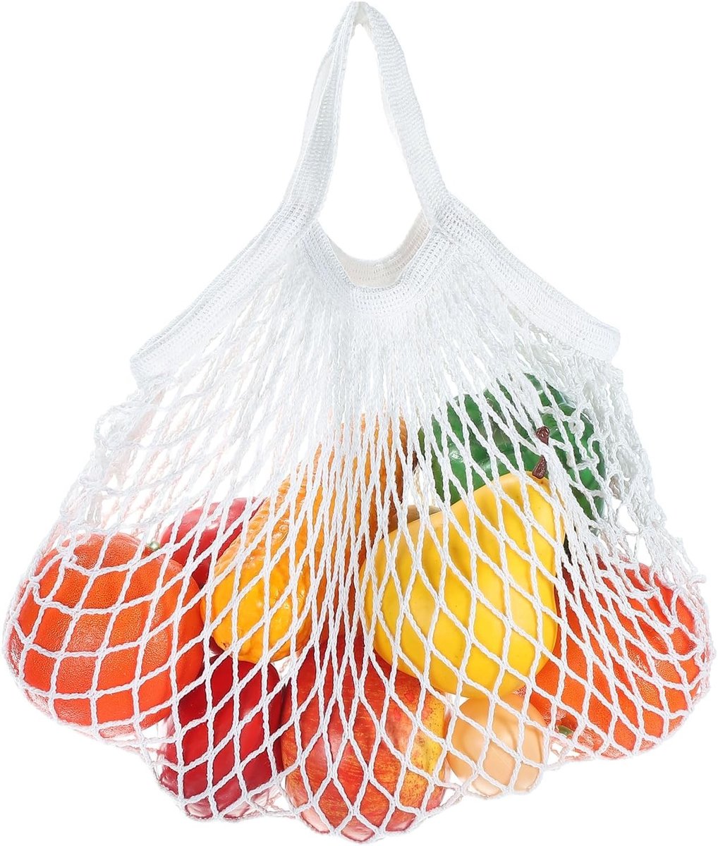 Herbruikbare netzakken voor fruit en groenten - Wasbare katoenen tas met korte handgreep voor boodschappen en opslag van groenten en fruit