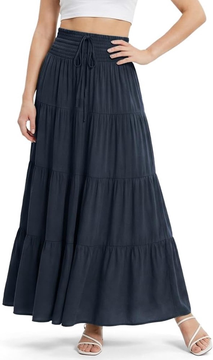 Vloeiende Lange Rok voor Dames, Hoge Taille A-lijn Plissé Rok met Elastische Taille en Touwtjes, Casual Boho Stijl voor Strand en Dagelijks Gebruik