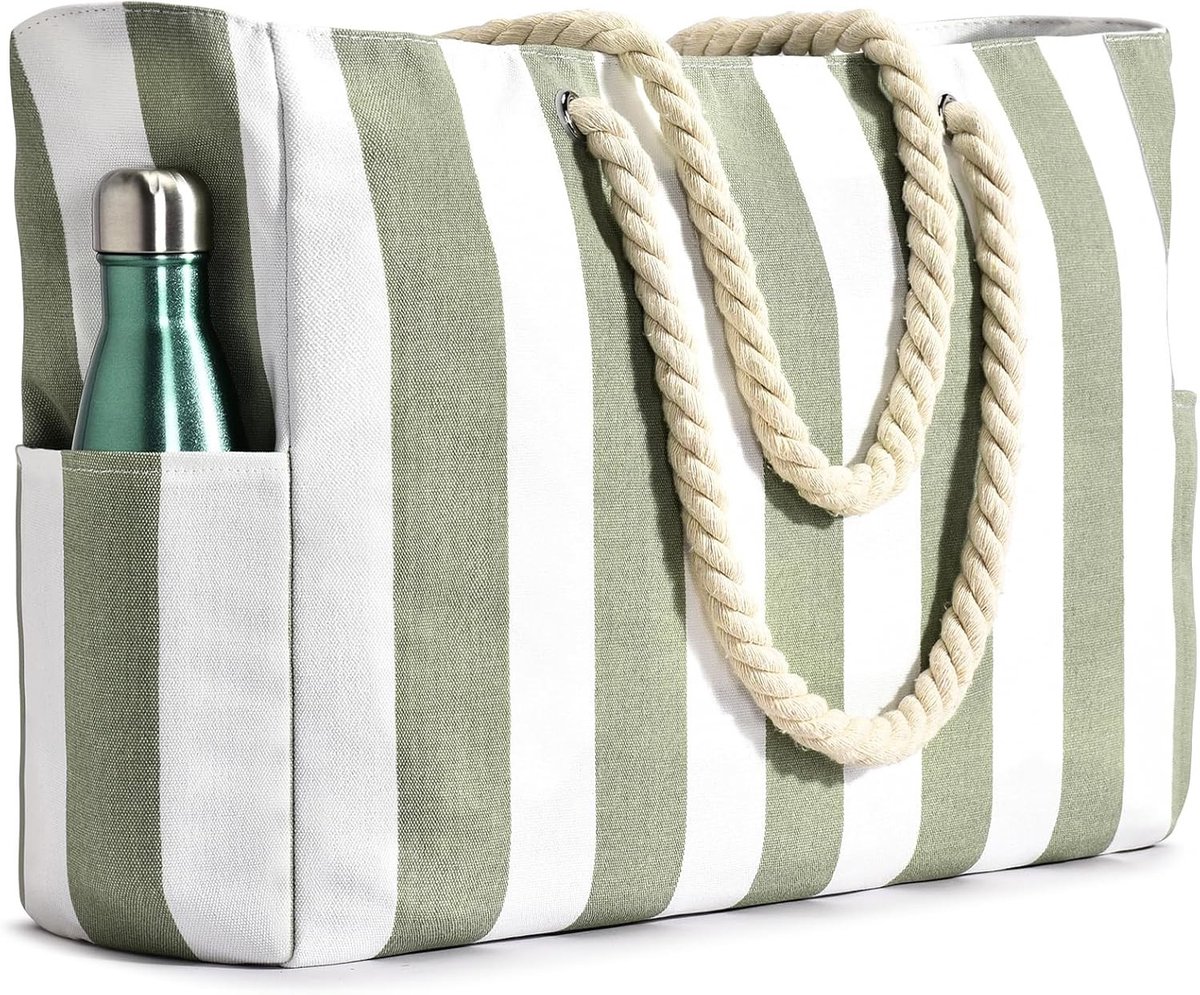 Grote Waterdichte Strandtas met Rits en Naspocket, Ideaal voor Vakantie en Zwemmen, Gestreept Design