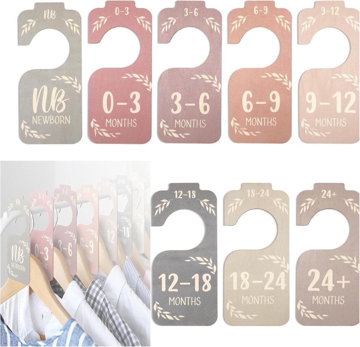 Maatverdelers voor baby's - 8 stuks - dubbelzijdig bedrukt - houten babykleerhangers voor kledingorganisatie - ShopVlot