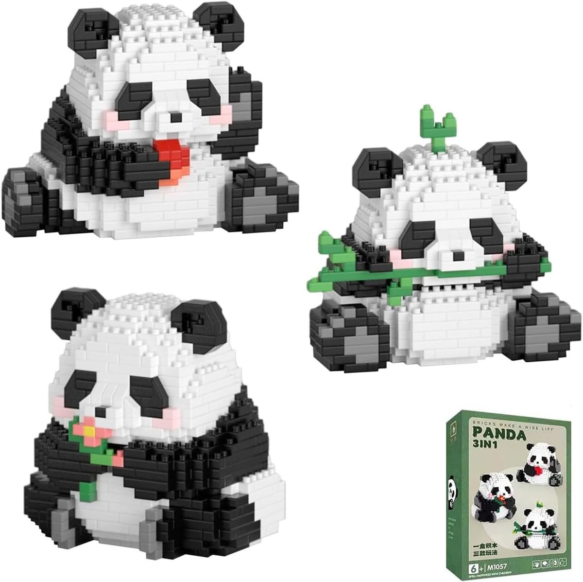 3-in-1 bouwstenen set met panda thema, klembouwstenen en constructieblokken voor kinderen en volwassenen, ideaal als cadeau en voor creatieve projecten