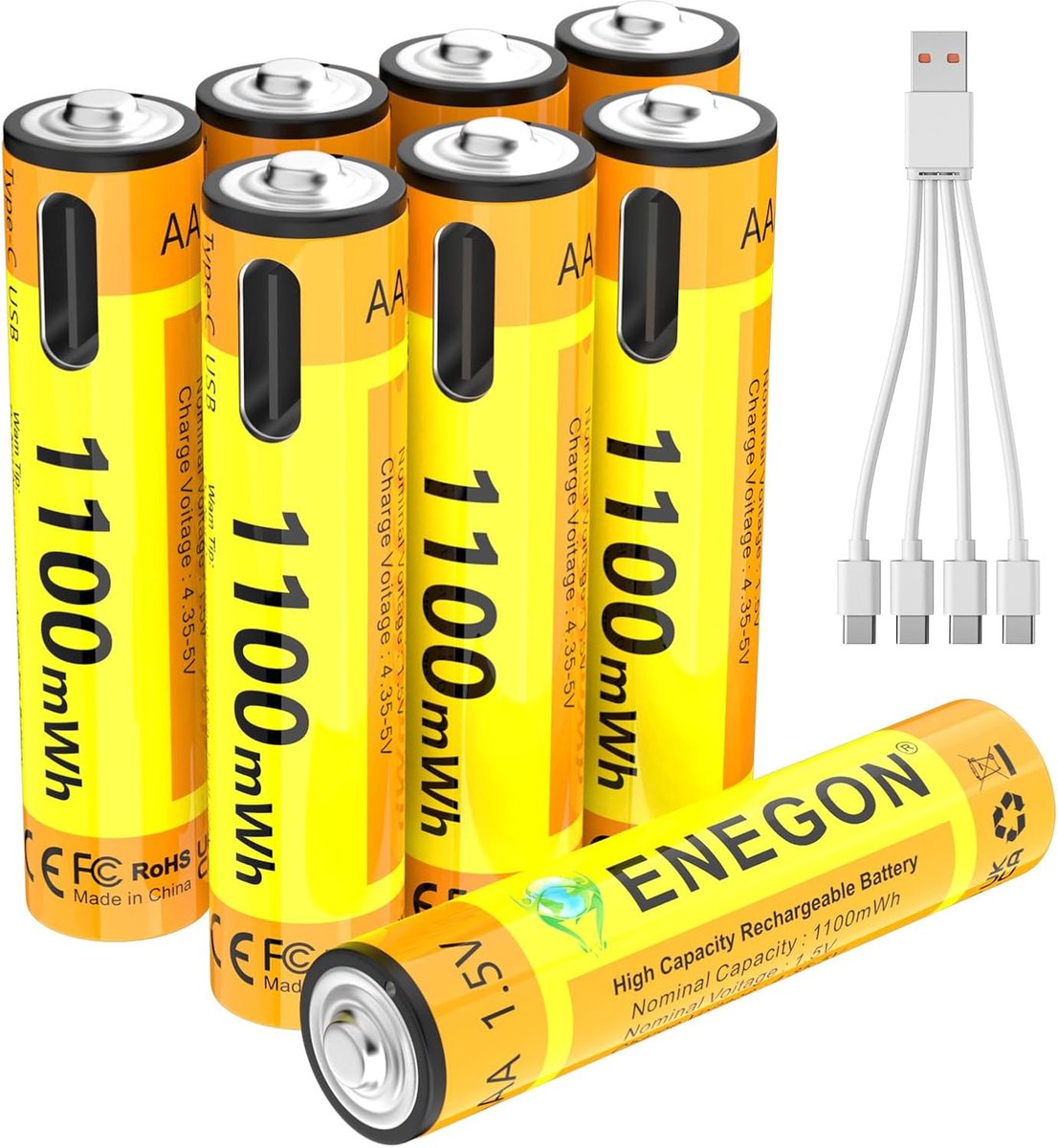AAA Batterijen Set van 8 - 1100 mWh - Incl. USB-C Oplaadkabel - Voor Afstandsbedieningen en Thermometers - ShopVlot