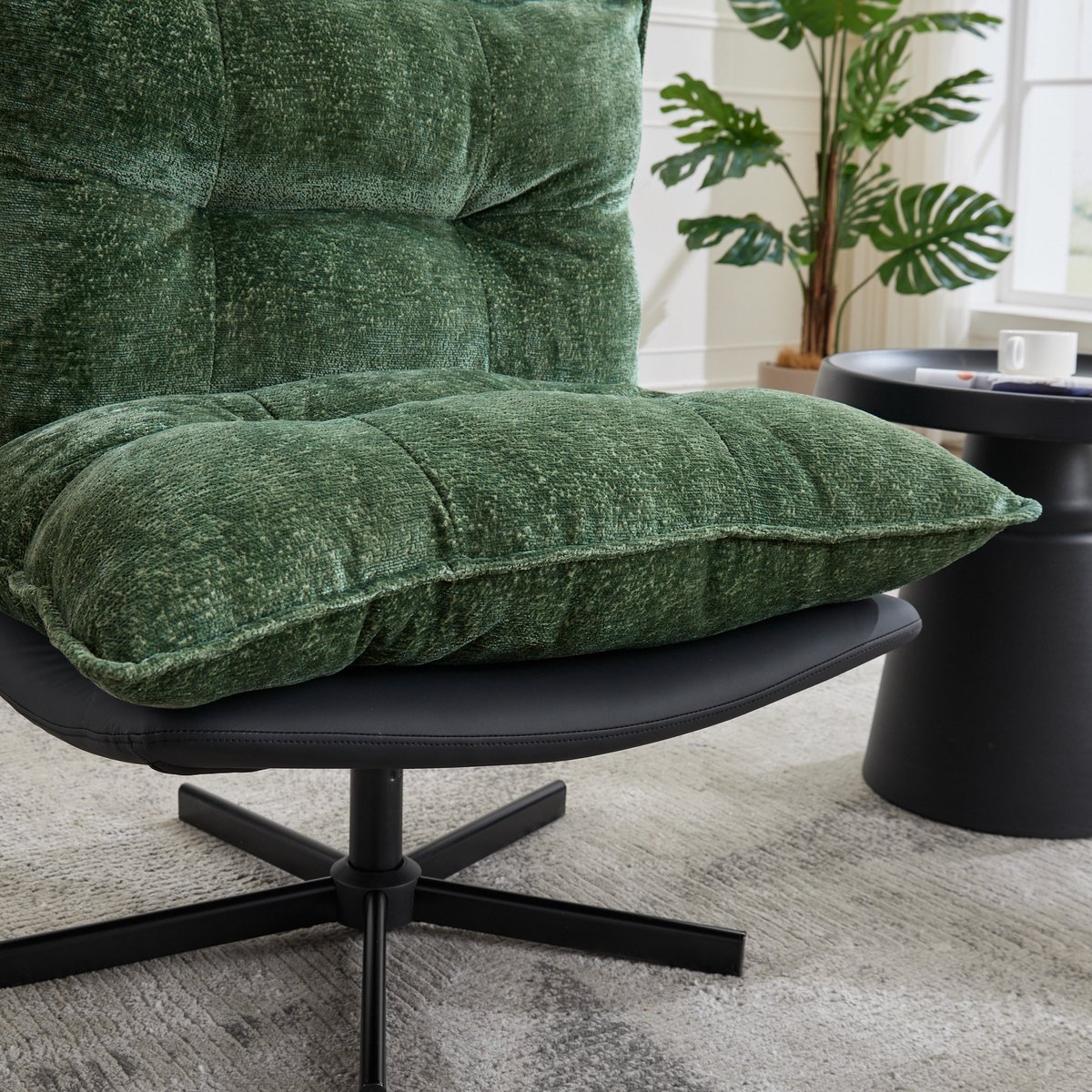 Wishdor Relaxfauteuil - 360° draaibaar - Verstelbare rugleuning 95°/110°/125° - Industrieel - Groen zwart - Chenille en kunstleer - Metalen onderstel - Volwassenen - 150 kg