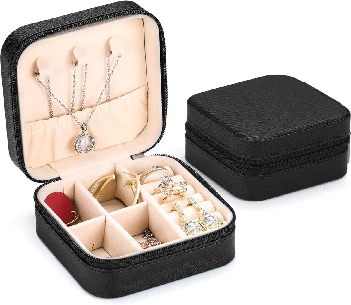 Kleine Sieradenbox, Mini Organizer voor Sieraden, Reis Sieradenopslag, Draagbare Doos voor Oorbellen, Kettingen en Armbanden (Zwart)