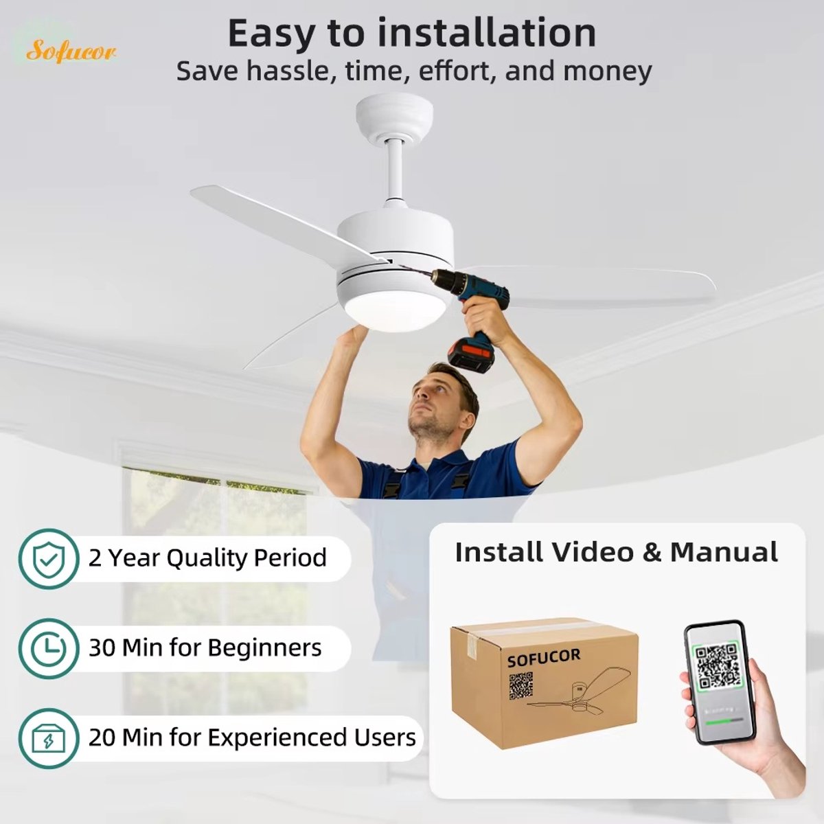 Merkloos plafondventilator Ø105 cm met licht en remote thumbnail 2