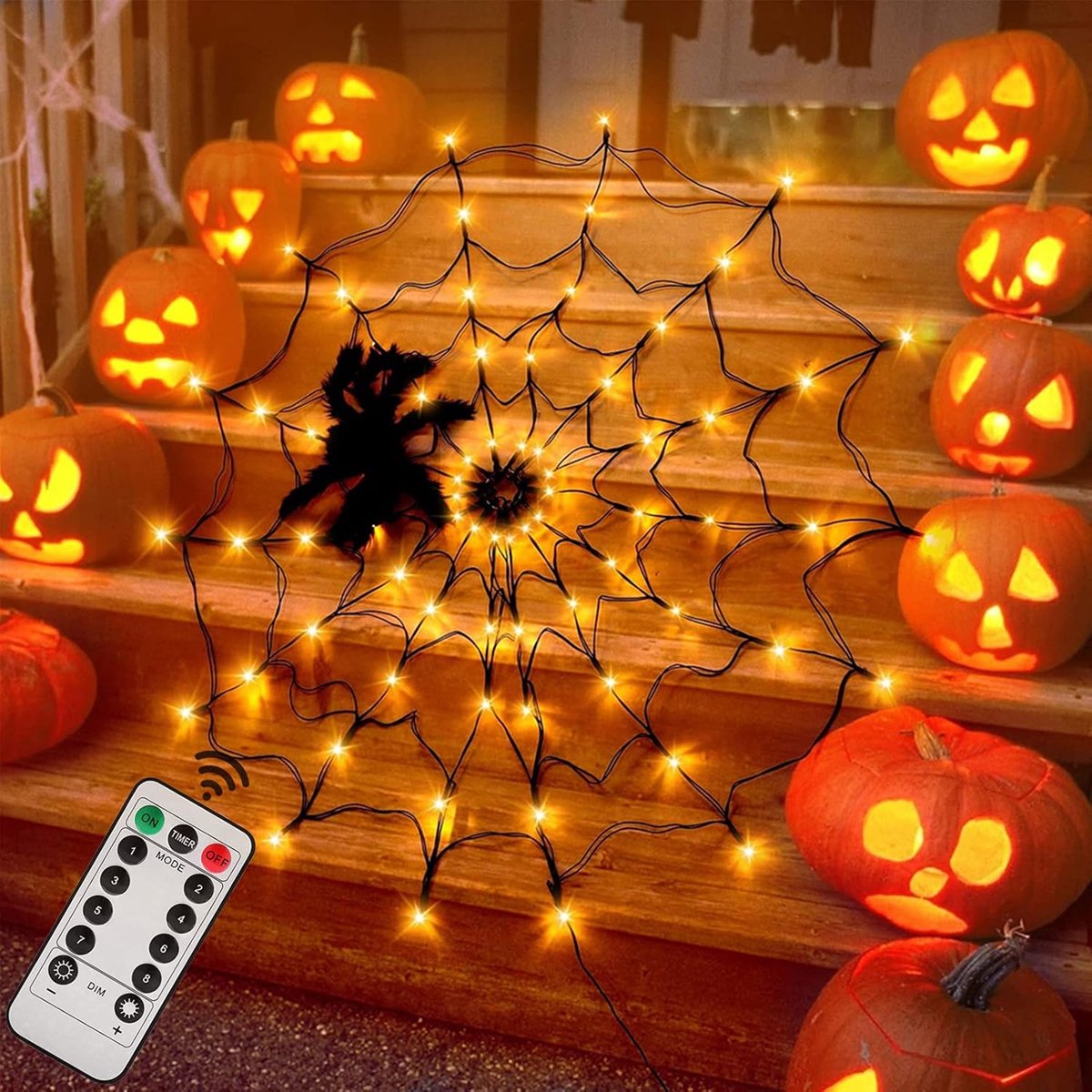 Lzwintrading - Halloween Decoratief Licht - 70 LED Spinnenweb Licht met 8 Modi - Spin en Afstandsbediening Led-Lichtnet voor Feest Tuin Bar Spookhuis