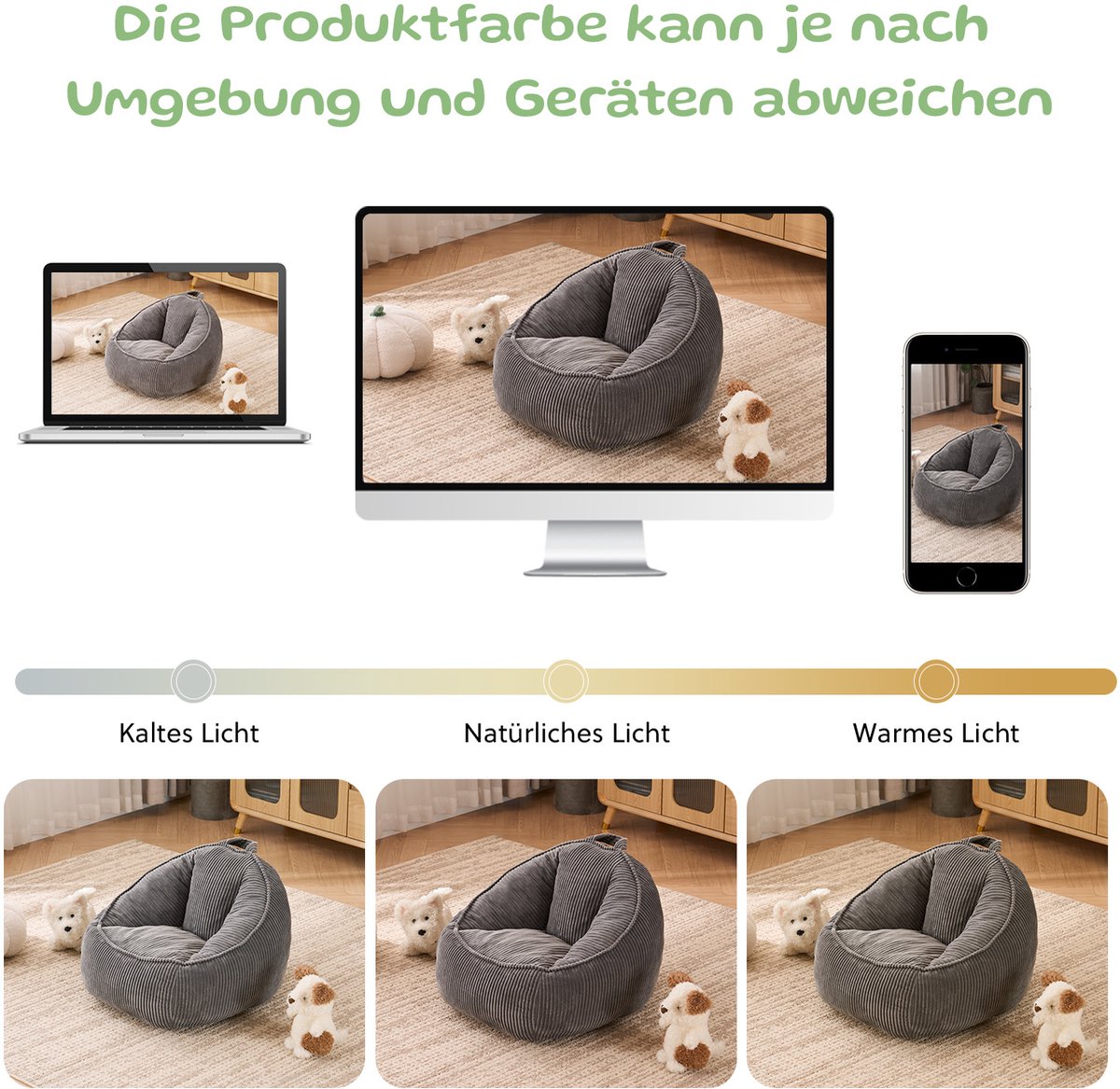 HAUSS SPOLE Zitzak - Kindersitzzak Met Rugleuning - Zachte Pluche Look En Ergonomische Ondersteuning - Voor Kinderkamer En Leeshoek - Ribstof Grijs