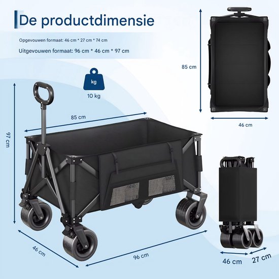 Opvouwbare Bolderkar - Met Grote Wielen en Verstelbare Handgreep - voor camping en tuin - Zwart 600D Oxford Stof - Rood van Opvouwbare Bolderkar — afbeelding 2