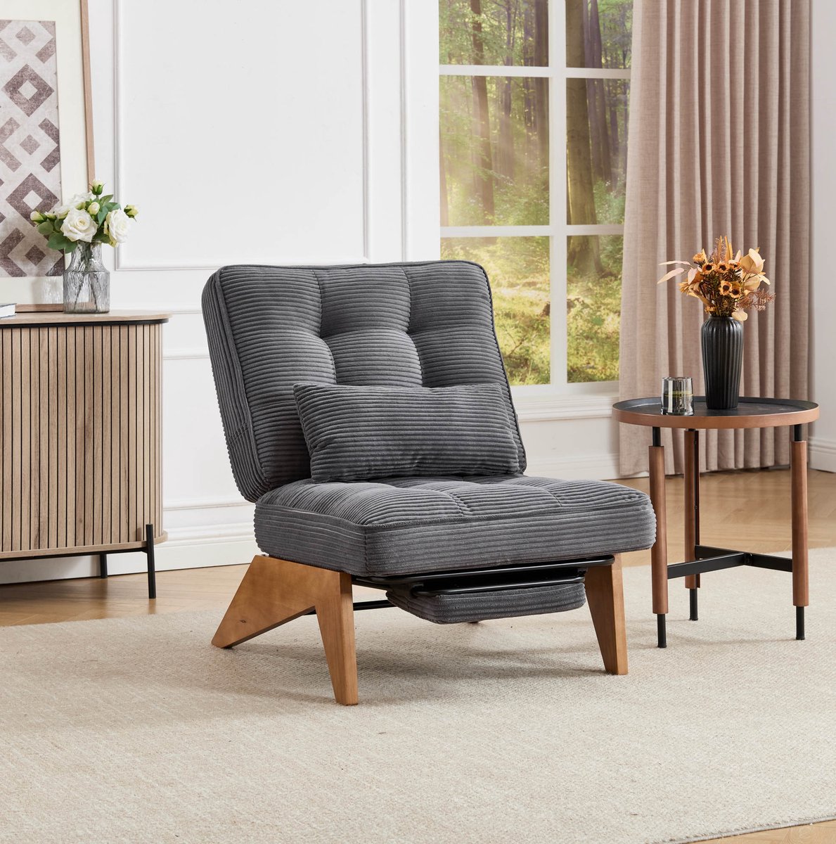 DESMIU Relaxfauteuil 127 x 73 x 90 Cm - Verstelbare Rugleuning Met Voetsteun En Lendenkussen - Voor Woonkamer En Slaapkamer - Cord Donkergrijs