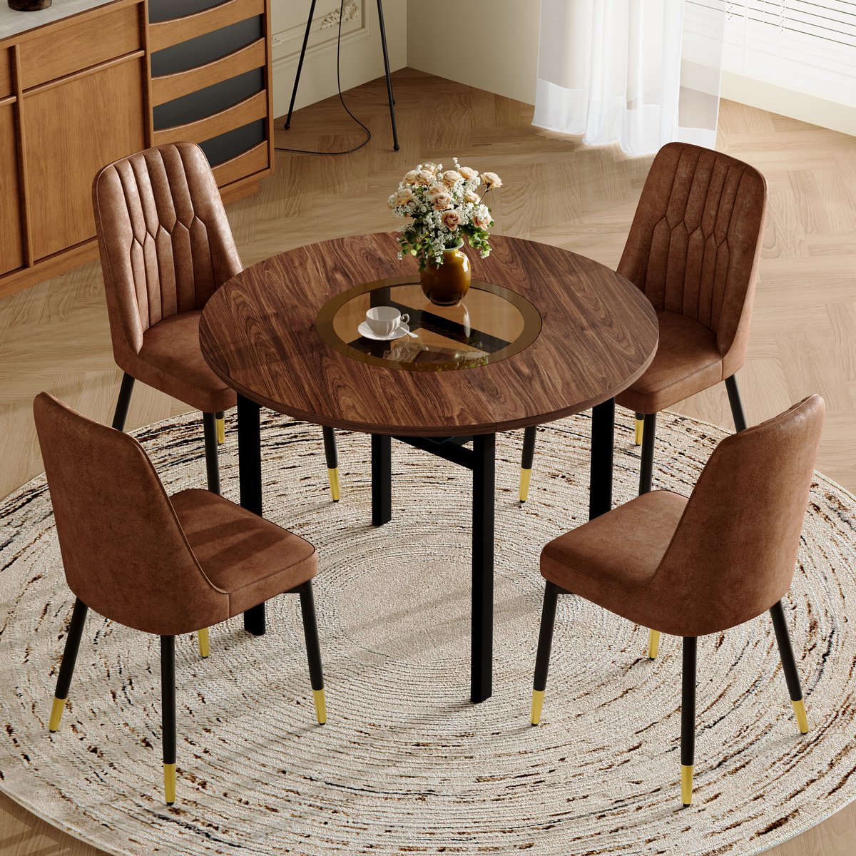 DESMIU Eettafelset 100 Cm - Ronde Eettafel Met 4 Stoelen En Glazen Inleg - Voor Eetkamer En Keuken - Hout En Metaal - Bruin Zwart