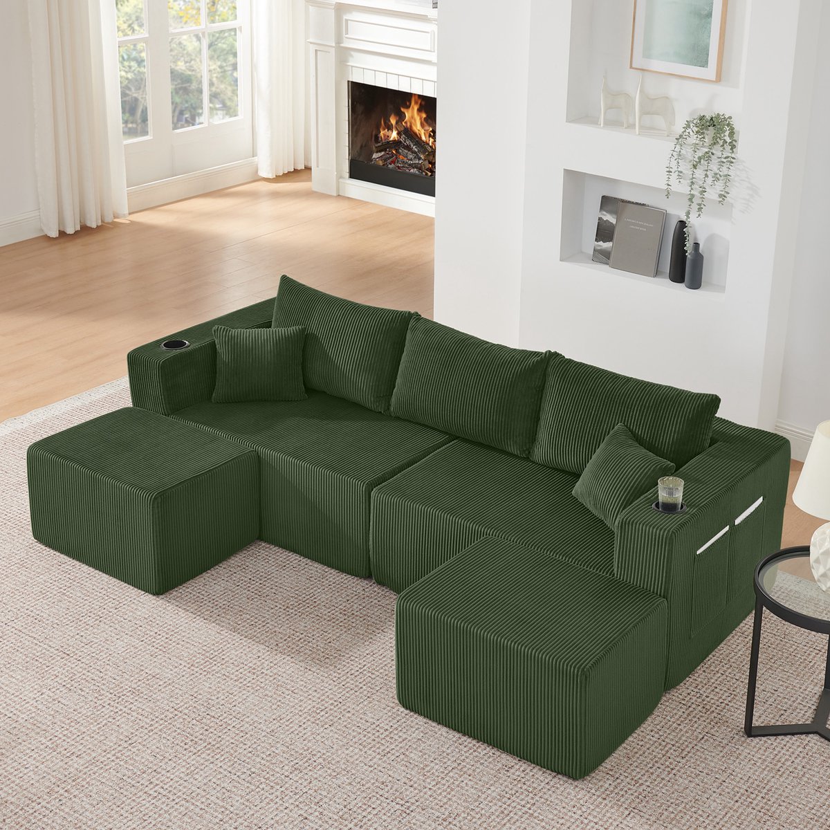 Moderne Hoekbank, U-Bank, 4-Zitsbank, Modulaire Hoekbank Met 3 Zitplaatsen, Compacte L-Vormige Bank Met Verplaatsbare Voetenbankjes, Zachte Corduroy Stof, Bekerhouder, Zijvak En Kussens, Geschikt Voor Woonkamers, Hotels En Huurappartementen,Groente