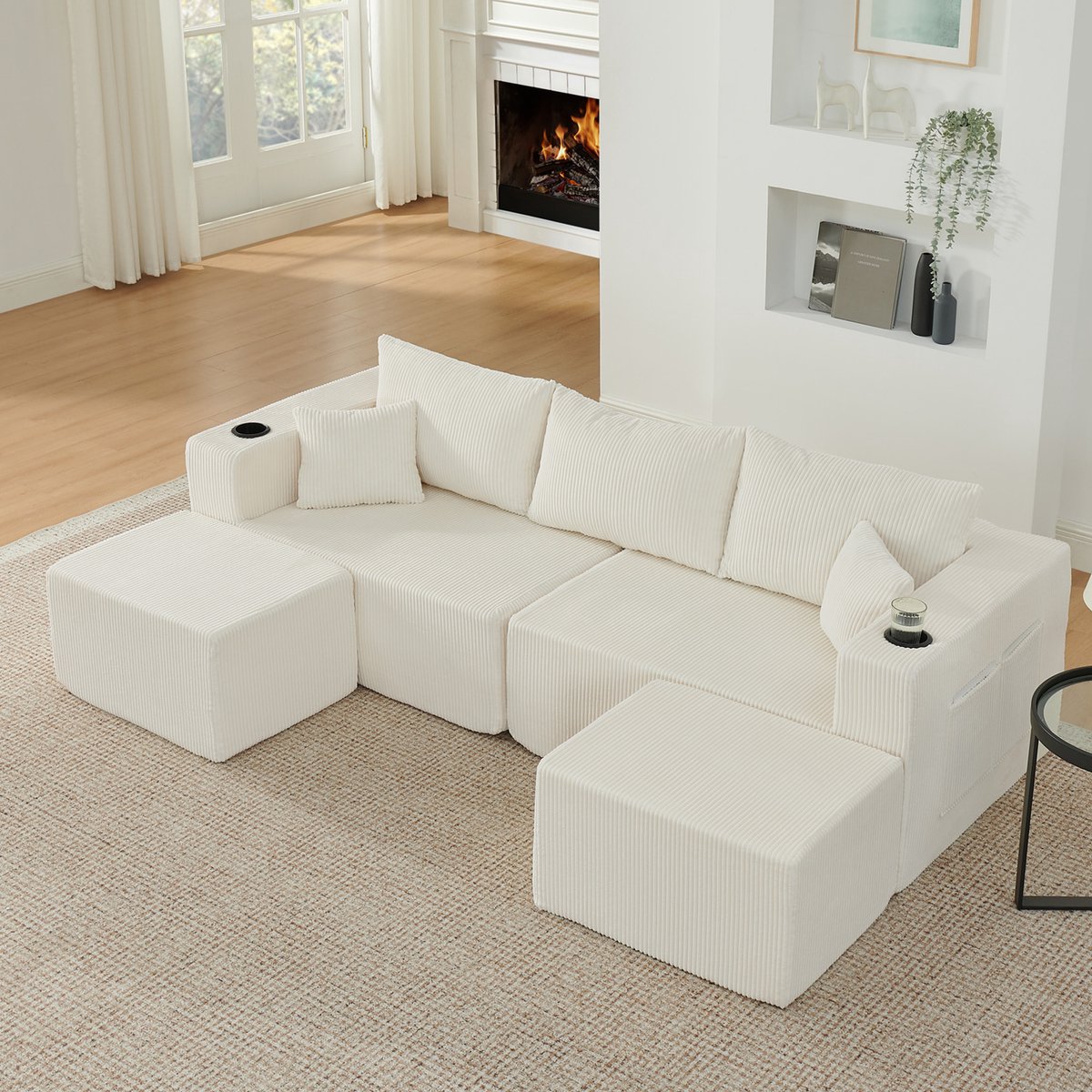 Moderne Hoekbank, U-Bank, 4-Zitsbank, Modulaire Hoekbank Met 3 Zitplaatsen, Compacte L-Vormige Bank Met Verplaatsbare Voetenbankjes, Zachte Corduroy Stof, Bekerhouder, Zijvak En Kussens, Geschikt Voor Woonkamers, Hotels En Huurappartementen,Beige