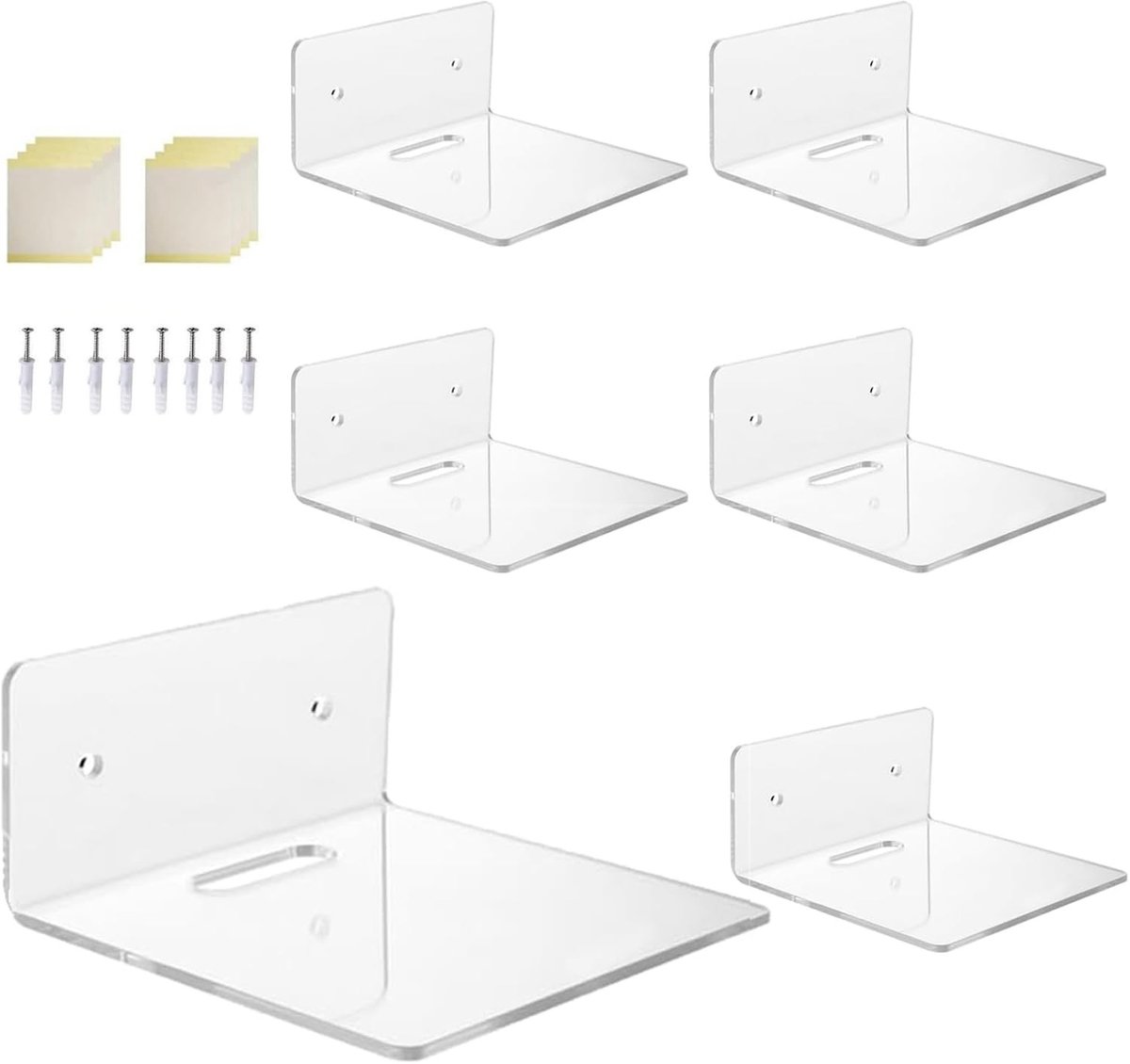 Set van 6 Kleine Duidelijke Acryl Zwevende Planken voor Planten, Fotolijsten en Decoraties - 102 x 48 x 99 mm