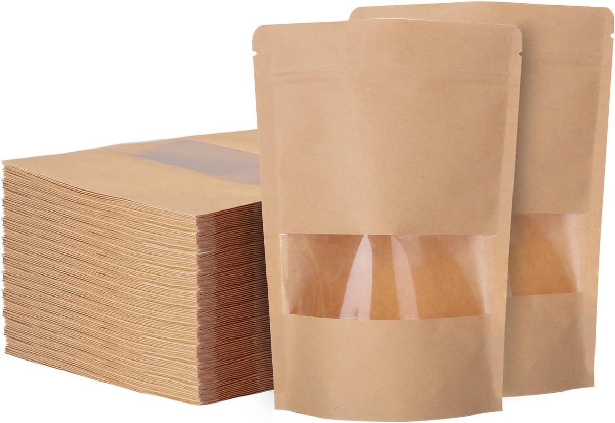 200 Stuks 9x14cm Resealable Tassen met Venster | Voedselzakken, Stand-Up Tassen, Kraft Papier Doypack voor Snoep en Koffie