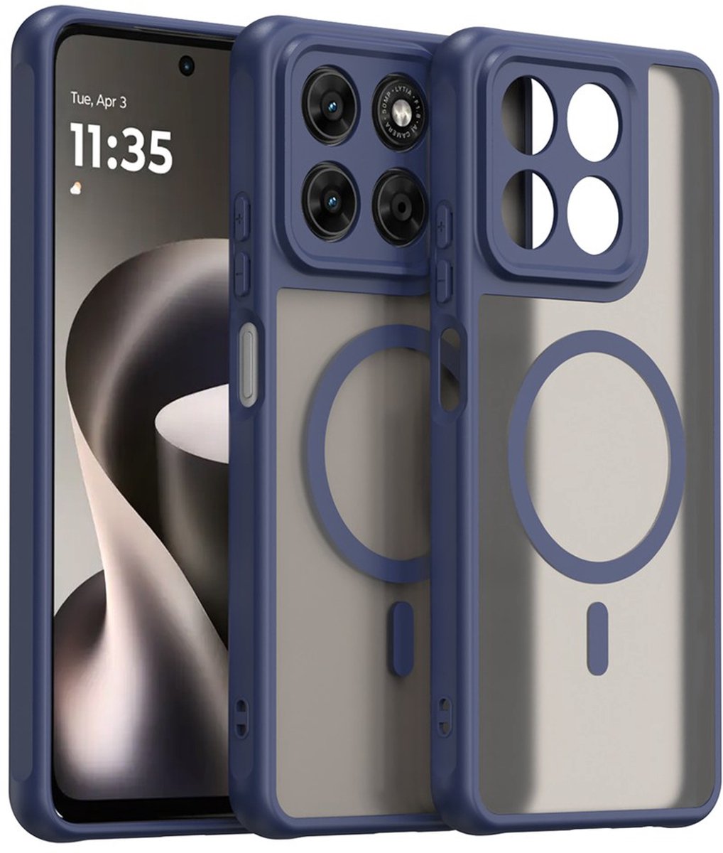 MobyDefend Hoesje - Geschikt voor Motorola Moto G37 / G47 - Case Geschikt voor MagSafe - Mat Transparant Met Gekleurde Rand - Blauw