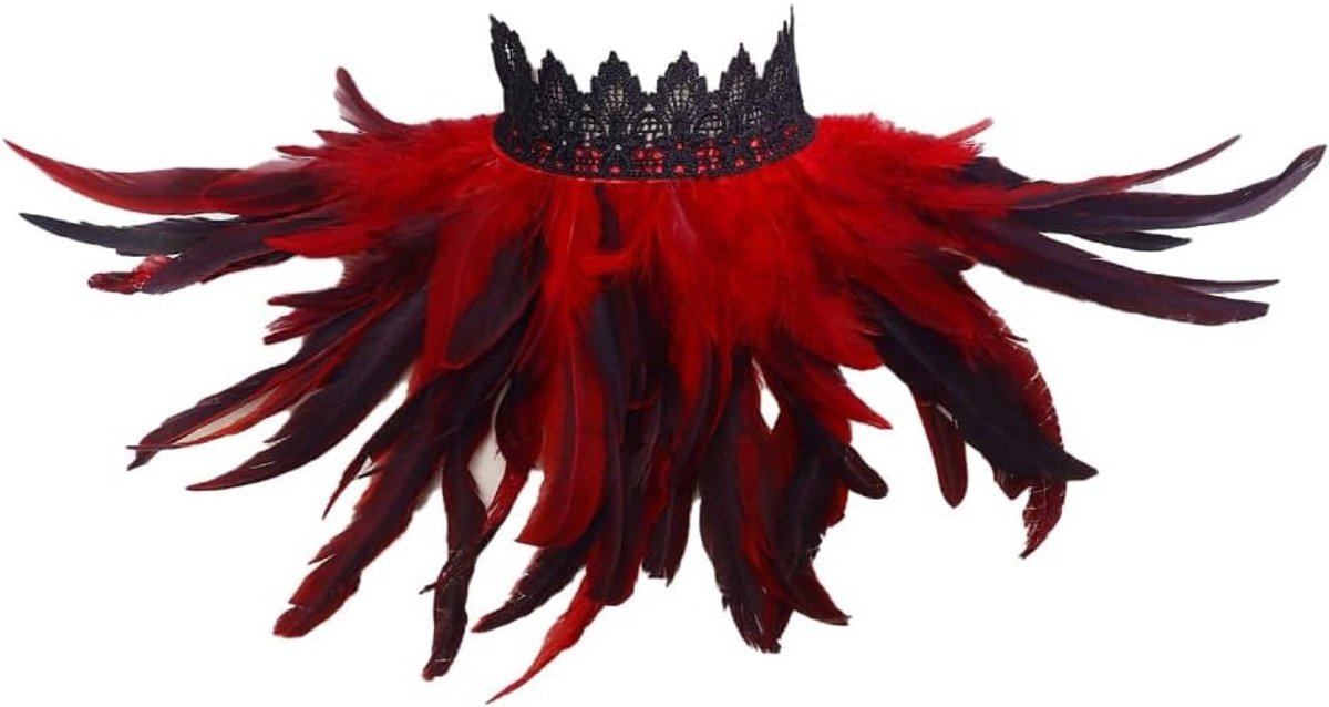Gothic kraag met veren voor dames, schoudercape en sjaal voor Halloween en cosplay feestkleding, rode epauletten voor carnaval en fancy dress