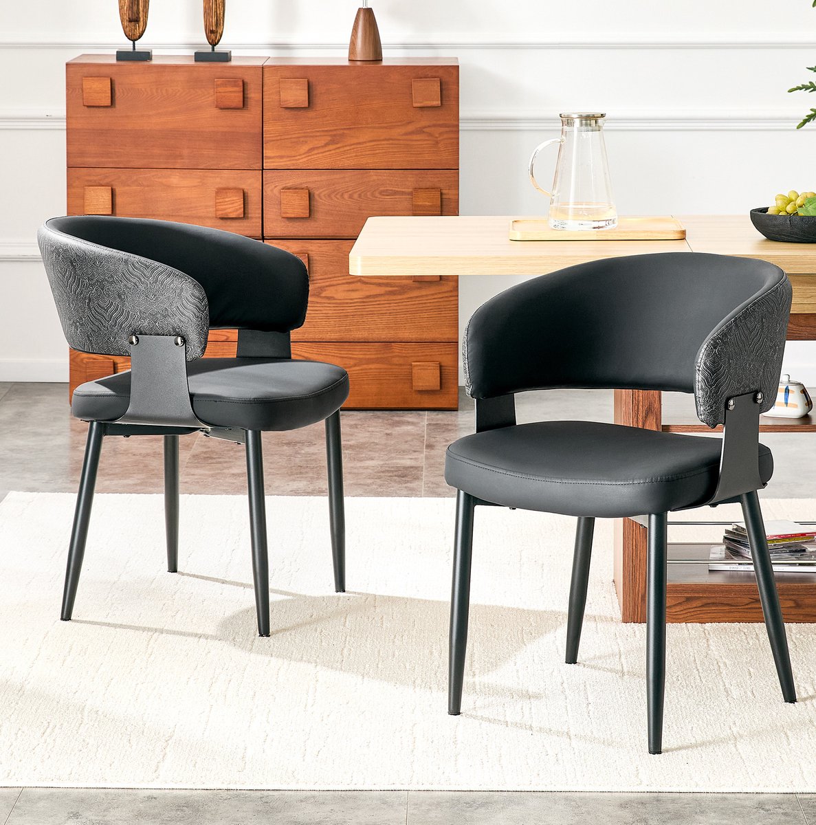 FloraGrace Eetkamerstoel Set Van 2 - Kuipstoel Met Armleuningen - Kunstleer En Metaal - Retro Mid Century Voor Eetkamer En Woonkamer - Zwart