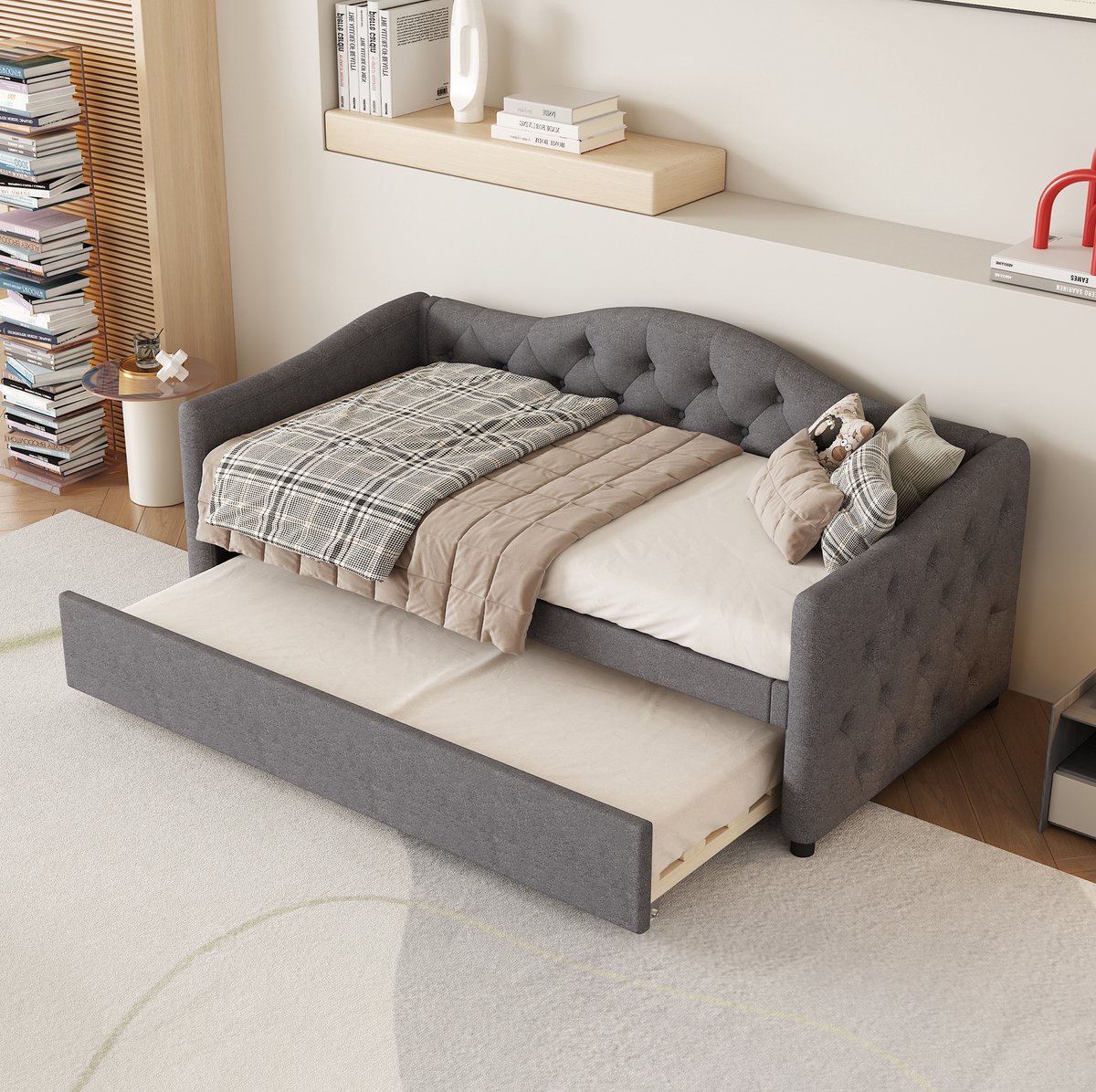 OKWISH Bedbank 90x200 cm - Eenpersoonsbed Met Uittrekbed - Slaapbank Met Lattenbodem - Voor Kleine Ruimtes - Stof En MDF - Zonder Matras - Grijs