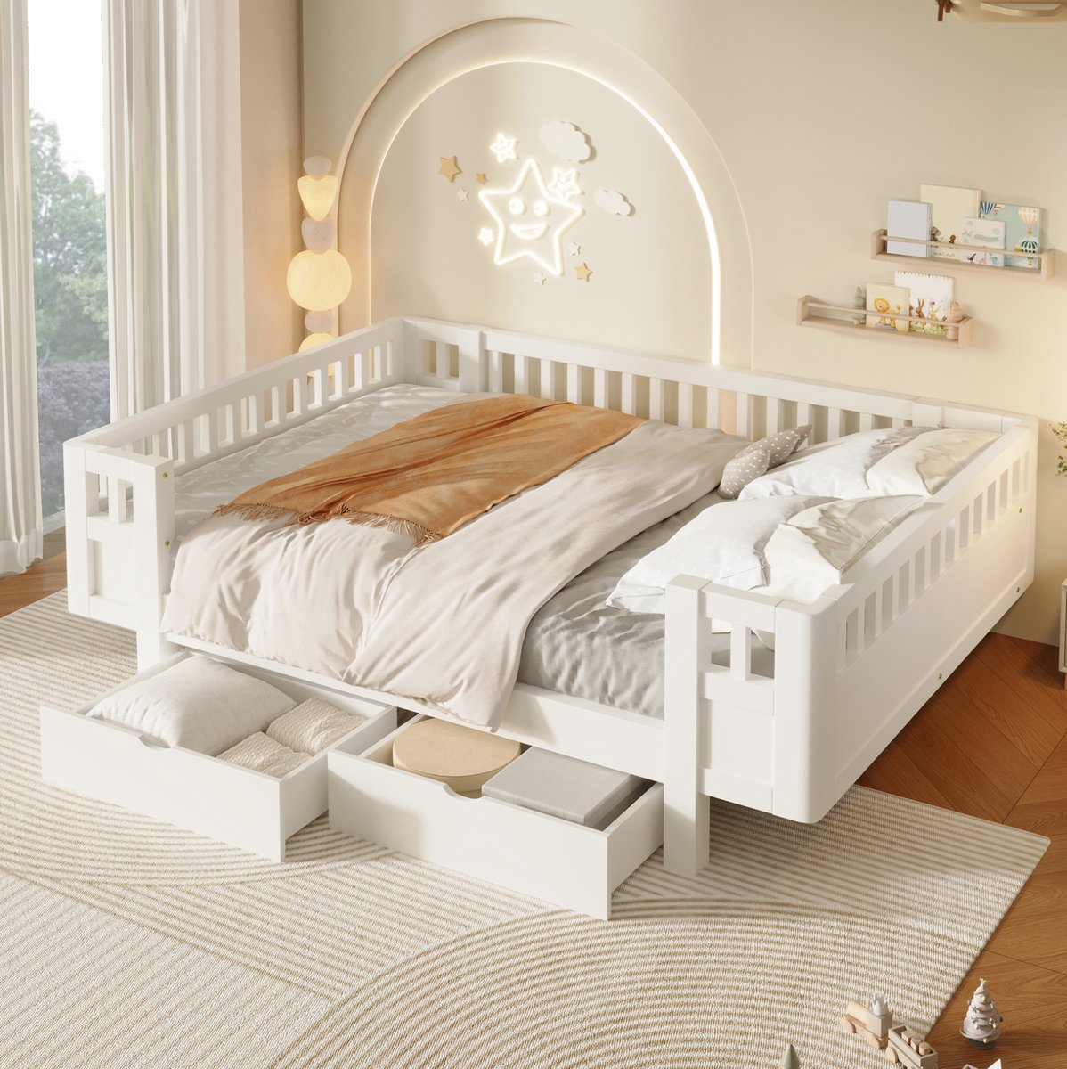 OKWISH Kinderbed 140x200 cm - Met Hoog Beschermrek En Twee Laden - Platformbed Met Lattenbodem - Zonder Matras - Hout En MDF - Wit