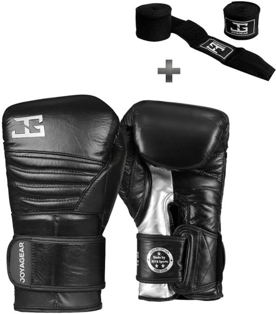 Joya Bokshandschoenen Falcon Zilver - 14 oz – Echt Leren Kickbokshandschoenen – Dubbele Klittenbandsluiting – Heren/Dames – Training