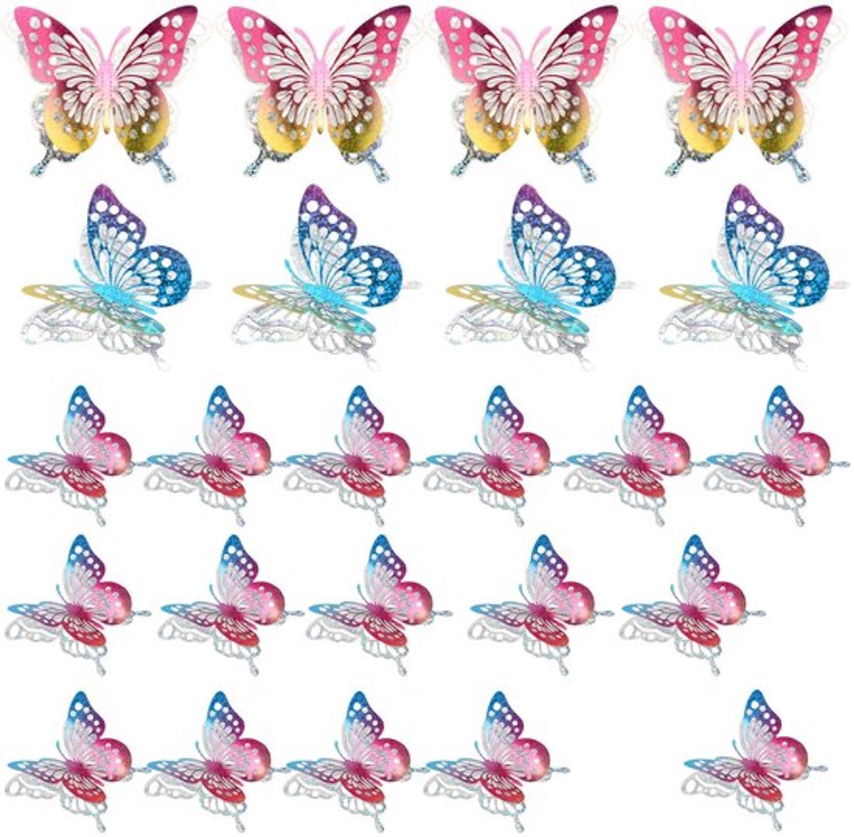 24 stuks 3D vlindermuurdecoratie, 3 maten holle vlinderdecoraties, muurstickers, verwijderbare vlinderkunstdecals voor slaapkamer, woonkamer, feestdecoratie (kleurrijk)