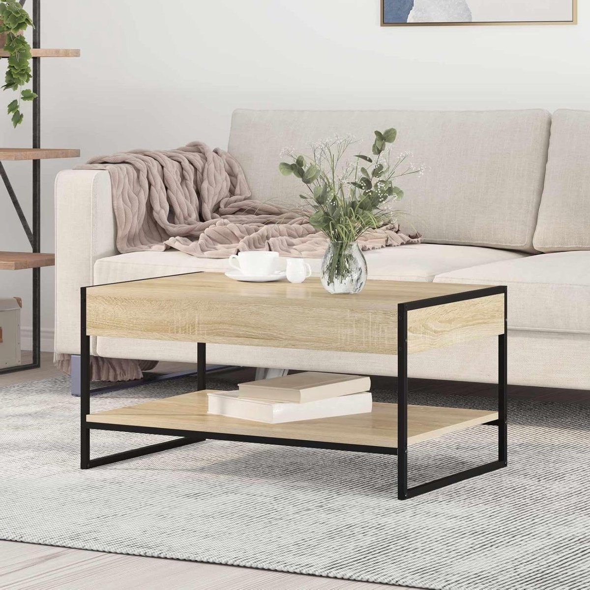 Salontafel Hout - Bijzettafel Industrieel - Woonkamer Inrichten - Stabiele Stalen Poten - 80 x 50 x 40 cm - Bruin