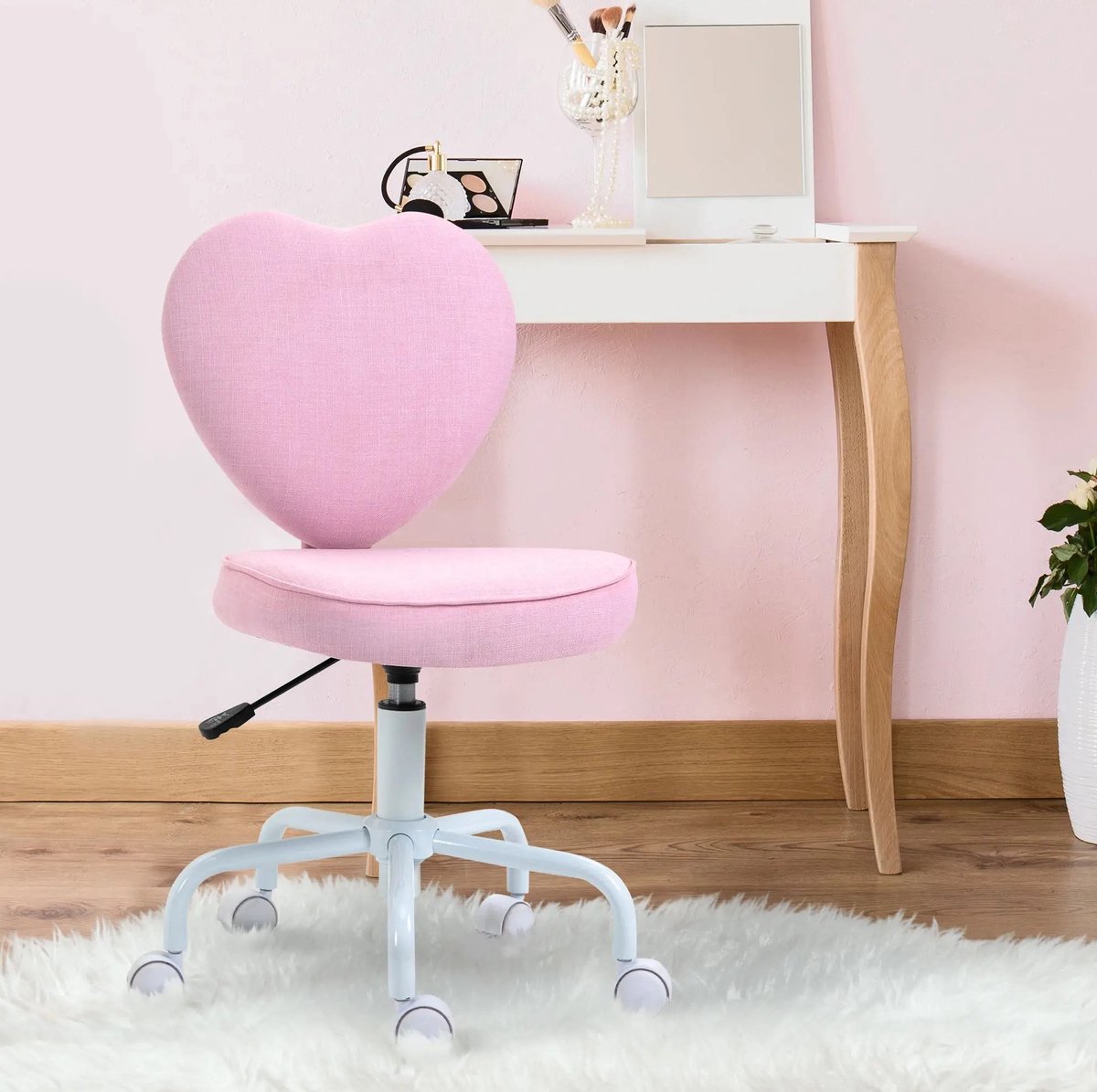 DESMIU Bureaustoel 40 x 50 x 79-89 cm - In Hoogte Verstelbaar Met Hartvormige Rugleuning En Wielen - Voor Bureau - Linnen Roze