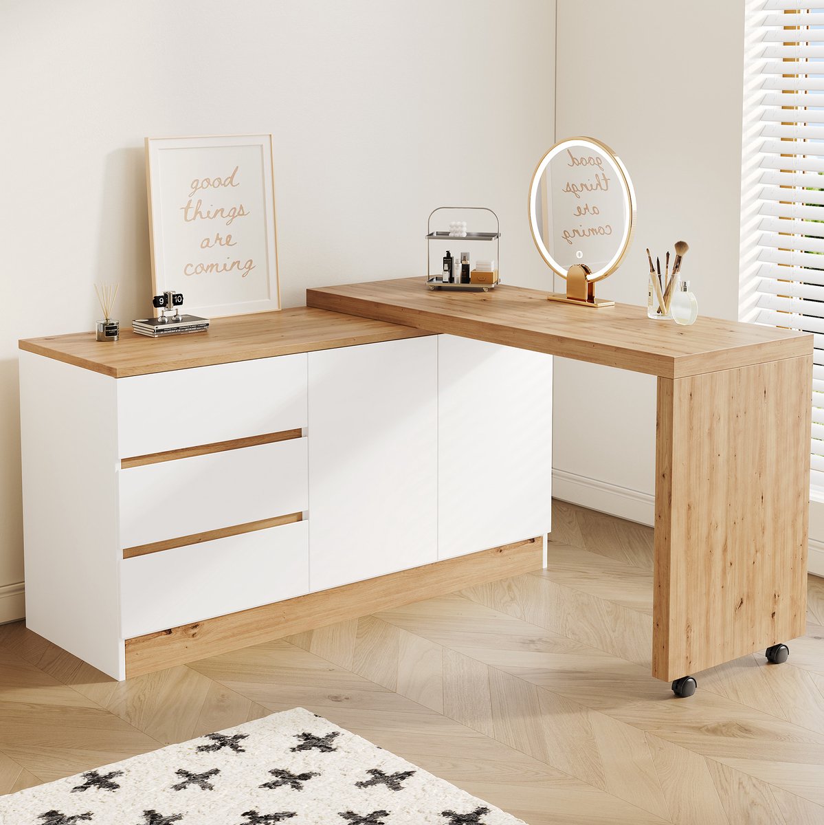 OKWISH Bureau - Draaibaar En Opklapbaar - 120 x 50 x 78 cm - 2 Deuren En 3 Laden - Met Wielen En Opbergruimte - Spaanplaat Wit Eiken