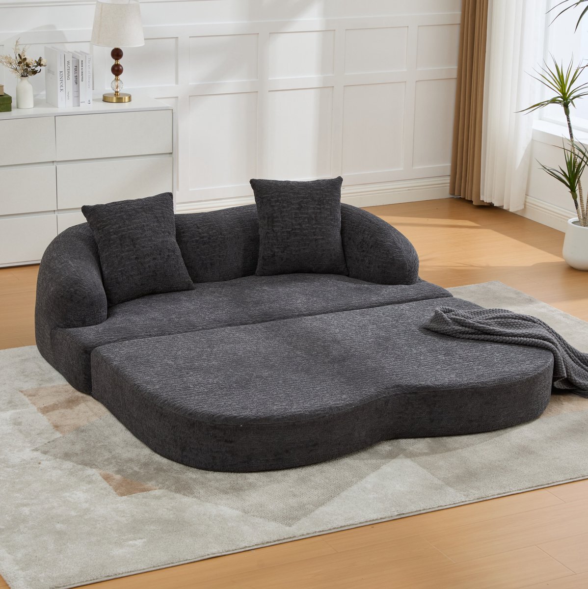 MIVRAY Slaapbank 2 Persoons 157 x 84 x 65 cm - Uitklapbaar Naar Bed - Voor Woonkamer En Logeerkamer - Chenille Donkergrijs