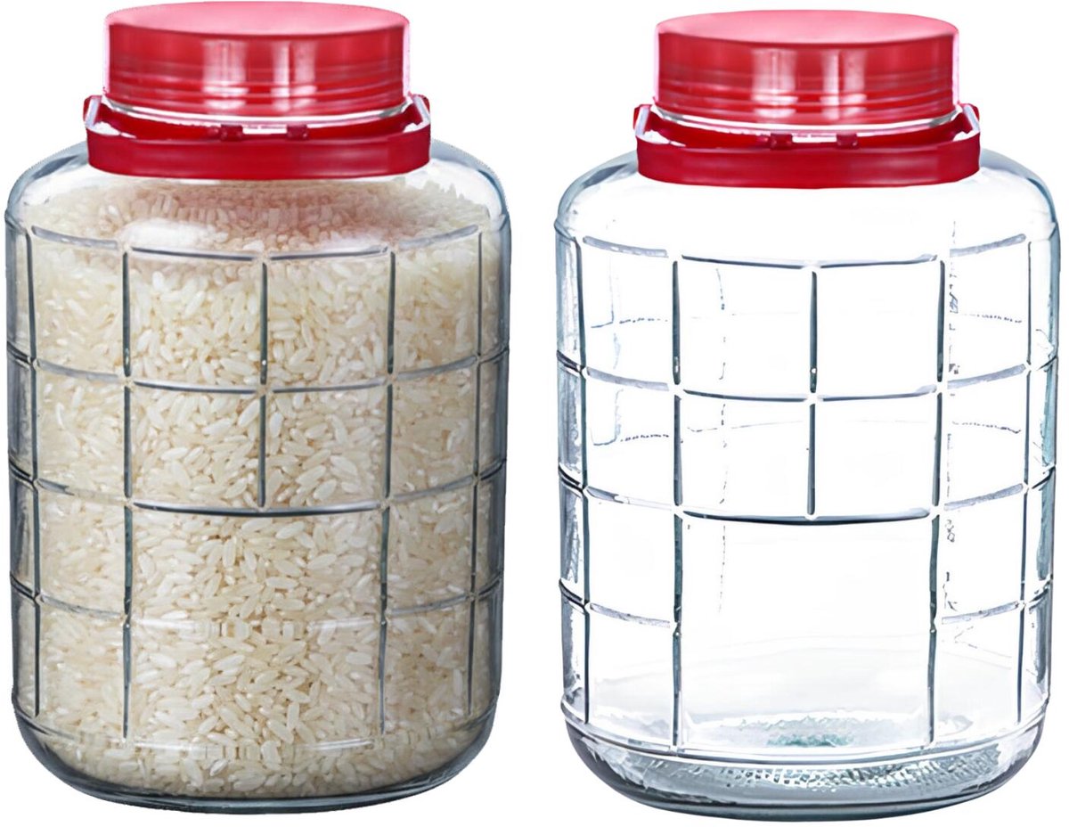 Alessandro XXL voedsel opslag container - 2x - glas - 12 liter - afsluitdop en hengsel - transparant/rood - Weckpotten - Opslagpotten - 24 x 36 cm