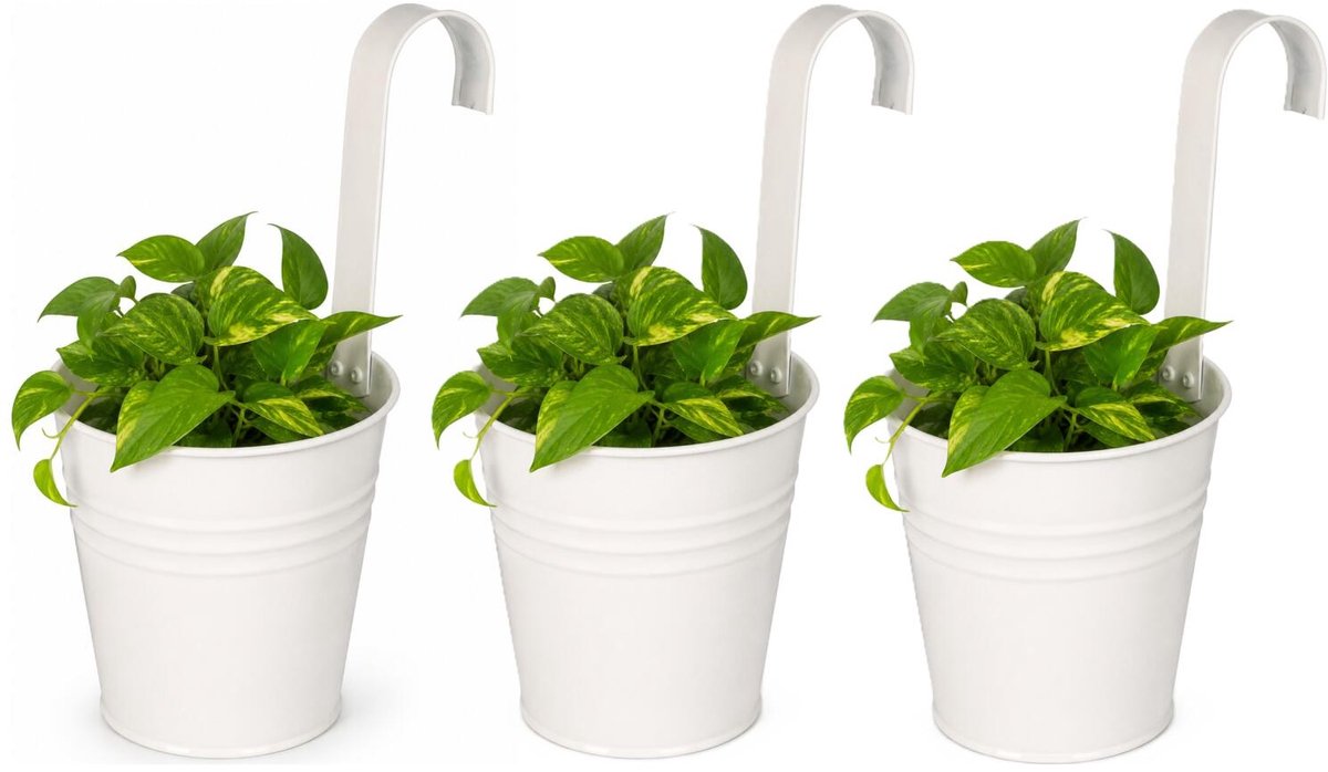 ProGarden Bloempotje met haak - 3x - plantenbak zink met ophanghaak - wit - 20 x 13 x 26 cm - ophangbaar - Balkon/schutting plantenpot