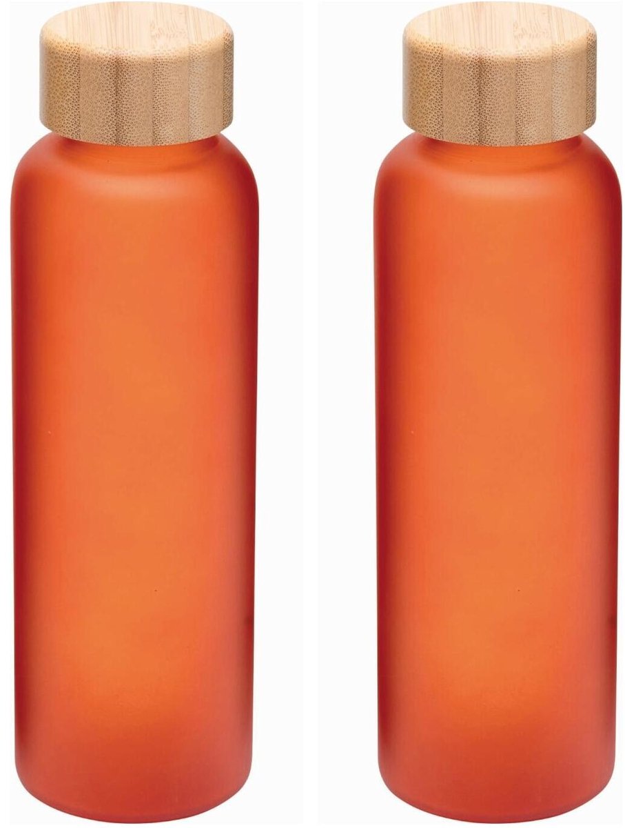 Bellatio Design Drinkfles / waterfles Frosty - 2x - 500 ml - transparant/oranje - glas - bamboe dop - 21 cm