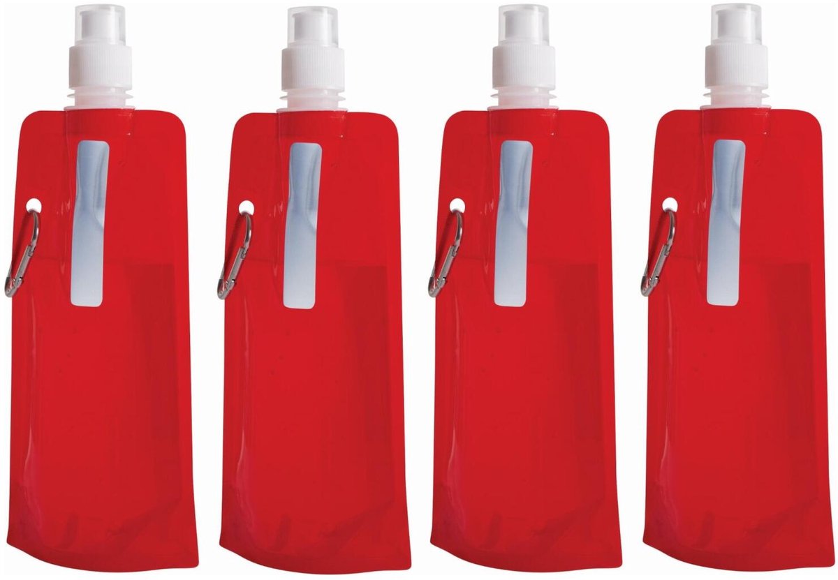 Trendoz Waterfles / drinkfles opvouwbaar - 4x - rood - kunststof - 400 ml - schroefdop - ophanghaak - sport - op reis - ruimtebesparend
