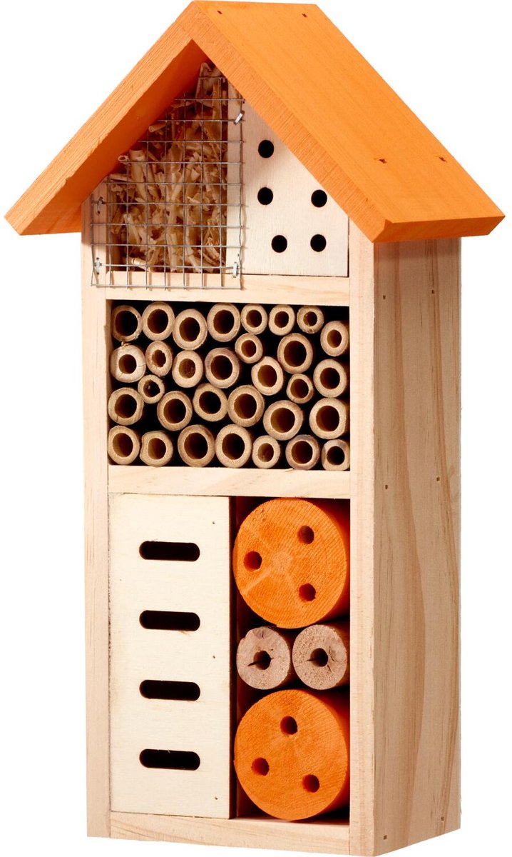 Pro Garden Insectenhotel Bugston - hout - naturel/oranje - 13 x 8 x 26 cm - bijenhotel / Insectenhuis