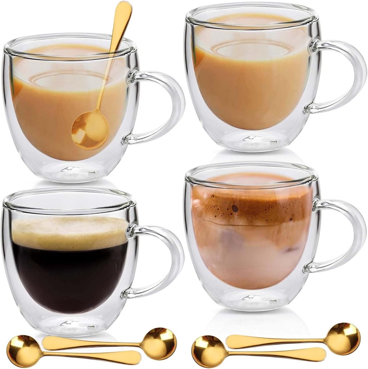 Dubbelwandige Koffiemokken Set voor Latte Macchiato en Cappuccino, 4 Glazen van 250 ml met 4 Lepels, Ideaal voor Warme Dranken