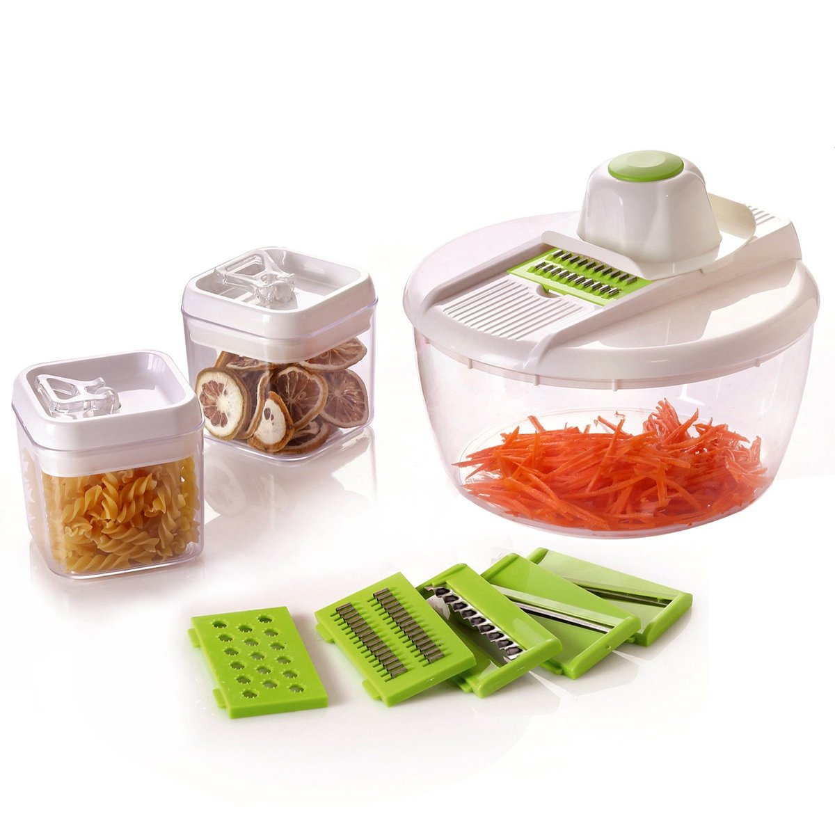 Groentesnijder – Mandoline – Multifunctionele Groenterasp met Opvangbak en Verwisselbare Snijbladen – Keukensnijder – Groen/Wit