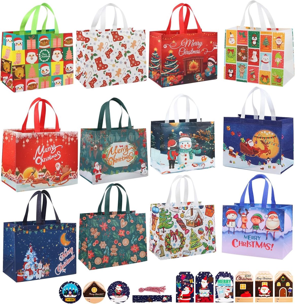 Herbruikbare kersttassen met handgrepen, ideale boodschappentassen voor kersttraktaties en feestdecoraties