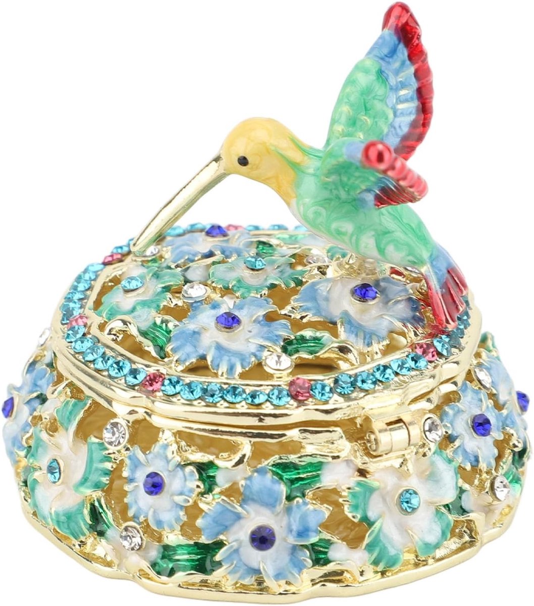 Vintage Emaillen Sieraden Doos met Kolibrie Patroon, Decoratieve Opbergdoos voor Ringen en Kettingen, Perfect voor Slaapkamer en Kantoor Decoratie