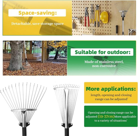Gazonhark met telescoopsteel - Roestvrij staal - Verstelbare lengte en breedte - Efficiënt bladeren opruimen - Voor Tuinliefhebbers — afbeelding 4