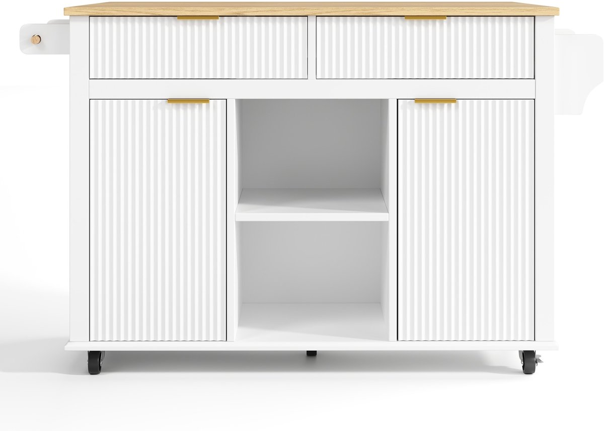 Wishdor - Keukenkast - uitschuifbaar werkblad en op wielen - 2 lades, 2 deuren en kruidenrek - modern - voor keuken - houtlook - wit en naturel - 143 x 45 x 89,5 cm