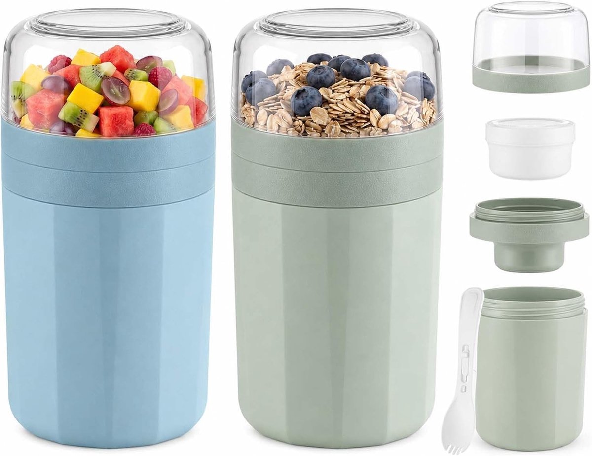 Mueslibeker To Go Set van 2 - Blauw en Groen - Lekvrije Yoghurtbeker - Inclusief Lepel - Voor Onderweg