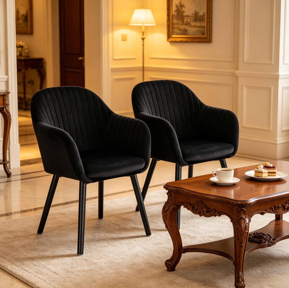 OKWISH Eetkamerstoel - Met Armleuningen En Gestreepte Rugleuning - Set Van 2 - Velvet, Massief Hout En Metaal - Scandinavisch - Zwart