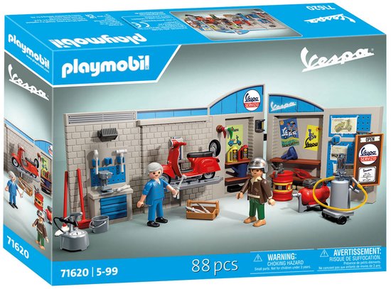 Playmobil Vespa garage speelset in doos, met 2 figuren, rode scooter en gereedschap.