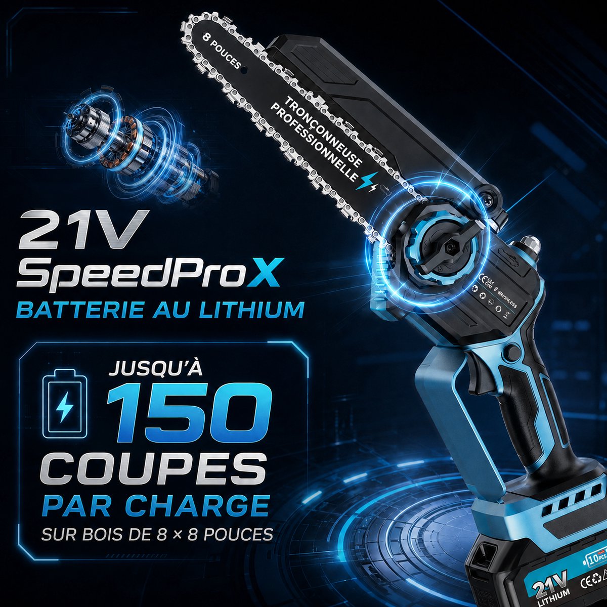 Rinoxar 8 Inch Mini Kettingzaag Accu 21V thumbnail 2