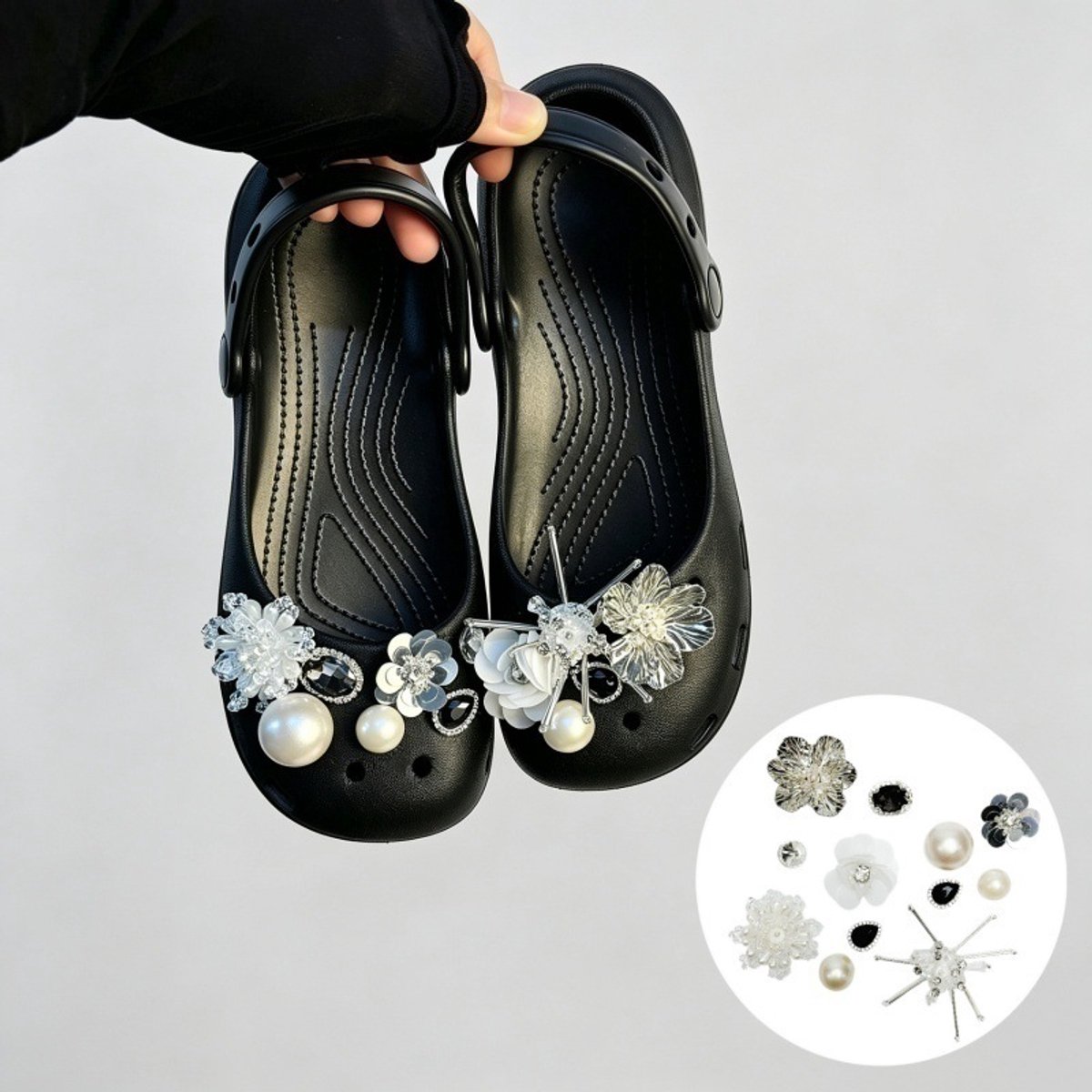 Schoenaccessoires-geschikt voor crocs charms- geschikt voor crocs pins- geschikt voor crocs Accessoires- geschikt voor Crocs Jibbitz-CJ-431 Prachtige stukjes zwarte diamant en perzik