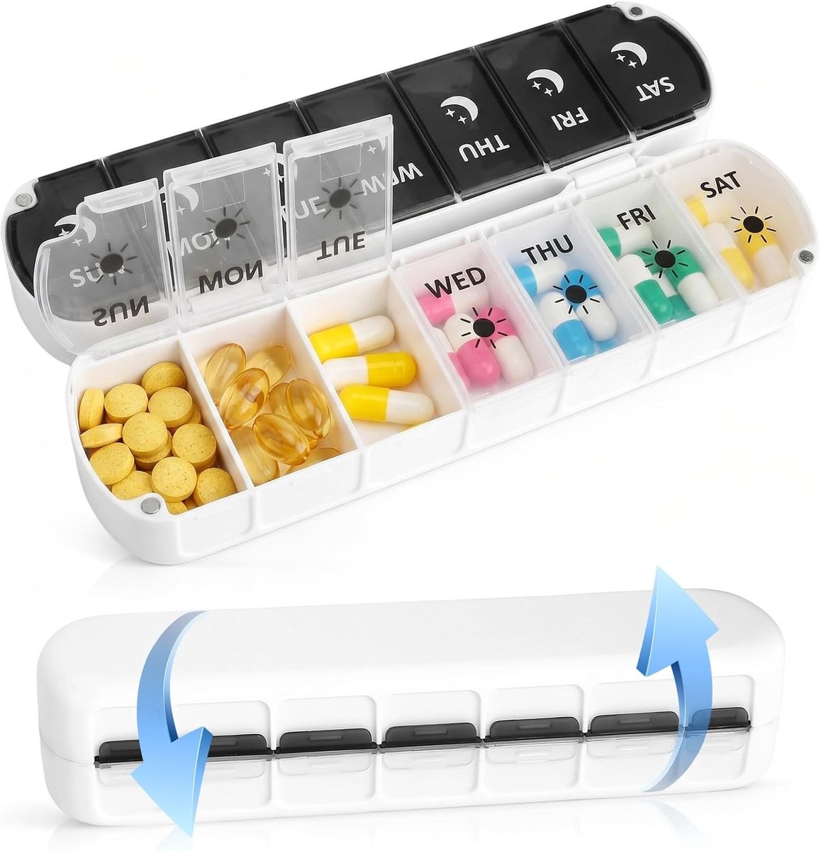 Klein pillendoosje voor 7 dagen met 2 vakken, magneetsluiting, BPA-vrij, ideaal voor reizen en dagelijks gebruik