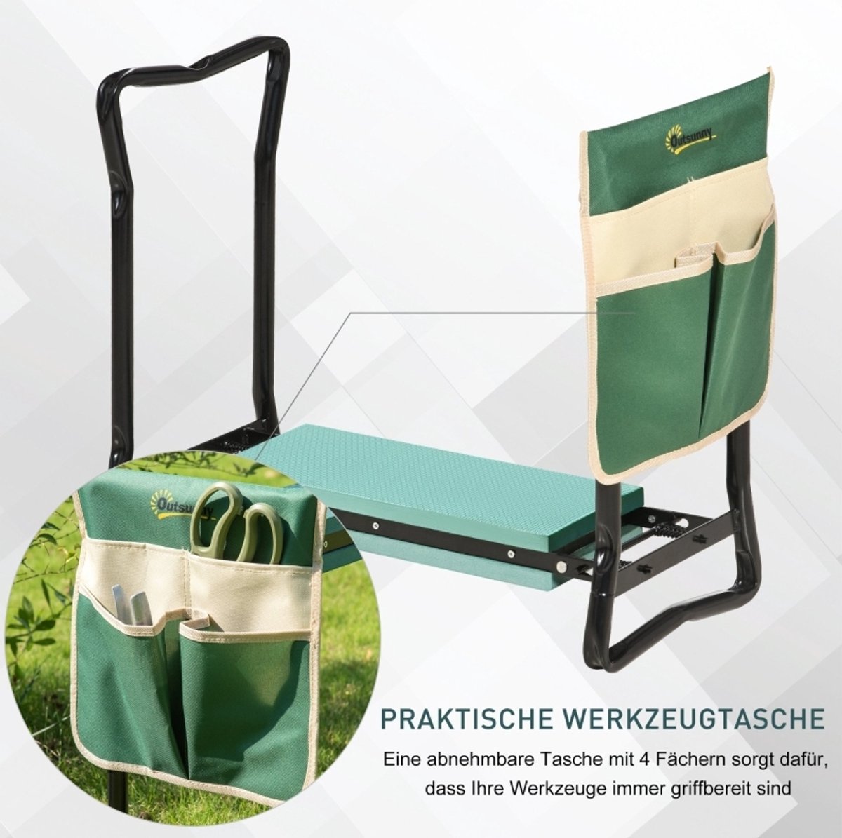 MIVRAY Tuinbank 58 x 28 x 49 cm - Opvouwbare 2 In 1 Kniebank Met Gereedschapstas - Voor Tuinwerk En Wieden - Staal Groen