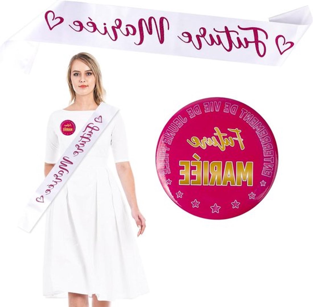 Grappige Franse inschrijving sjerp voor toekomstige bruid, leuk accessoire voor vrijgezellenfeest en feestelijke decoratie in vrolijke kleuren