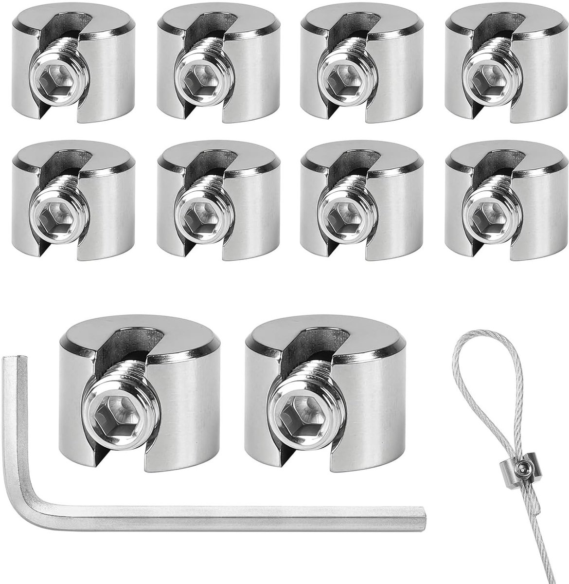 Set van 10 RVS Draadklemmen 2mm M4 Metaalklemmen met Sleutel, Kabelclips voor Bevestigen van Stalen Kabels en Draadbeheer