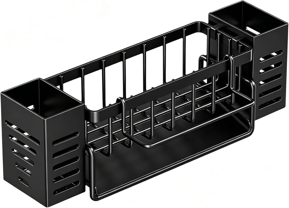 Keukenorganizer voor spoelbak met sponshouder, doekhouder en borstelhouder, roestvrij staal, zonder boren, ruimtebesparend en praktisch